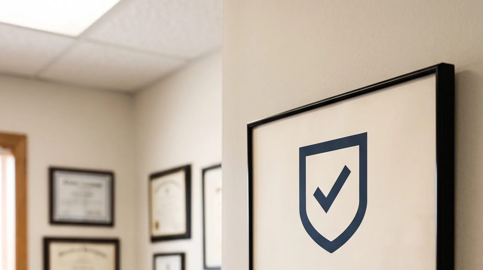 A framed Client First certificate on the wall of an independent agency, beside the owner's other framed licences.